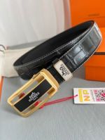 1:1  Hermes  Black Leather Belt  Alligator Pattern with Gold buckle Automatic Buckle  3.5cm